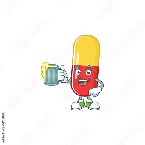 Happy red yellow capsules mascot style toast with a glass of beer
