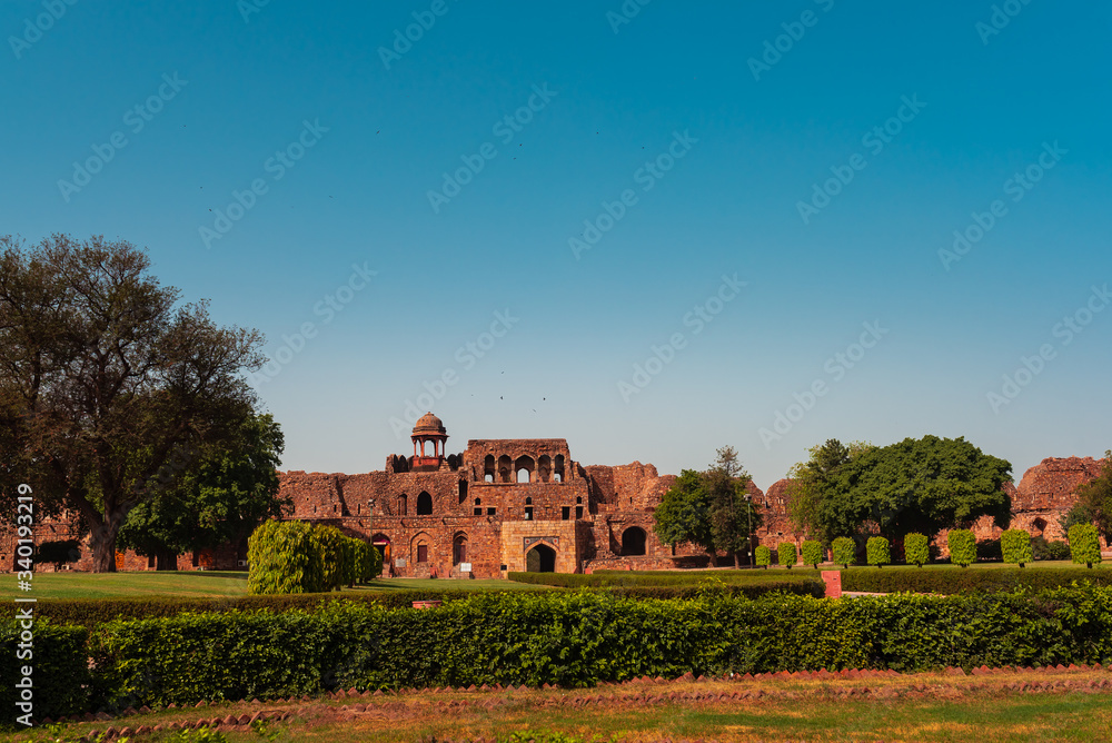 Old fort in Delhi deserted popular tourist place with no people during Covid 19 epidemic. A historical red sandstone monument known as the Purana Qila or Quila.