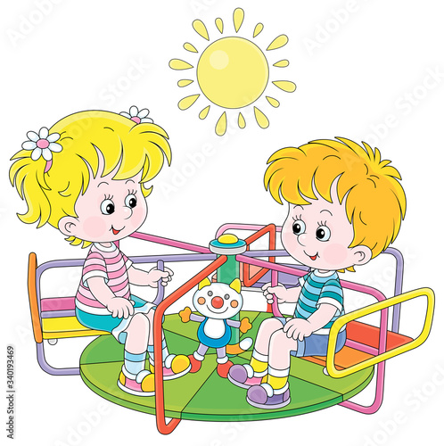 Cheerful small children playing and swinging on a colorful toy swing on a summer playground in a park, vector cartoon illustration on a white background