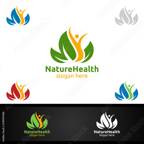 Organic Health Care Medical Logo with Human and Leaf Character for Therapy, Wellness, Spa, Education, Nutrition, or Fitness Concept