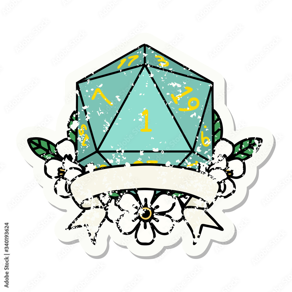 natural one d20 dice roll grunge sticker natural one d20 dice roll grunge sticker
