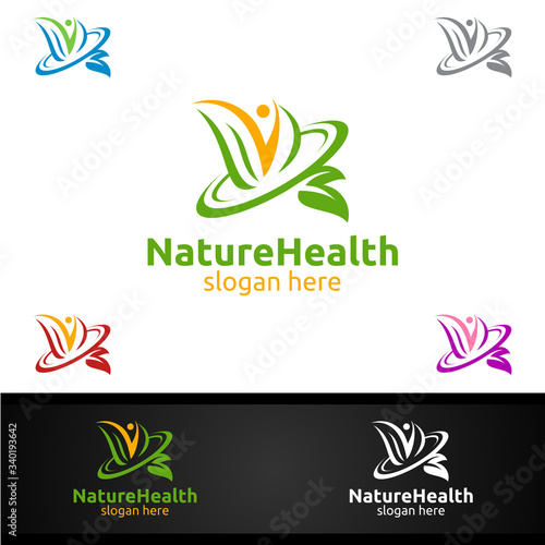 Organic Health Care Medical Logo with Human and Leaf Character for Therapy, Wellness, Spa, Education, Nutrition, or Fitness Concept