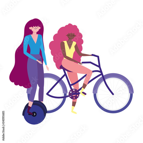 eco friendly transport, women with unicycle and bicycle cartoon characters