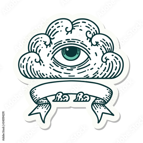 tattoo sticker with banner of an all seeing eye cloud