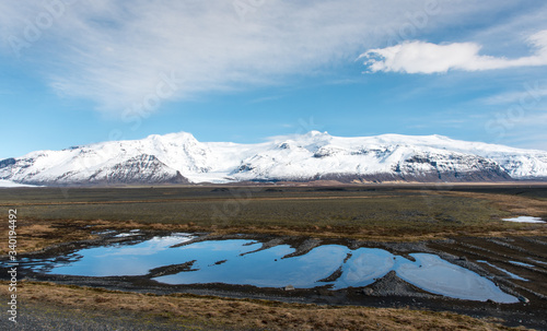 Winter Icelandic landscape with lake and mountains. Iceland