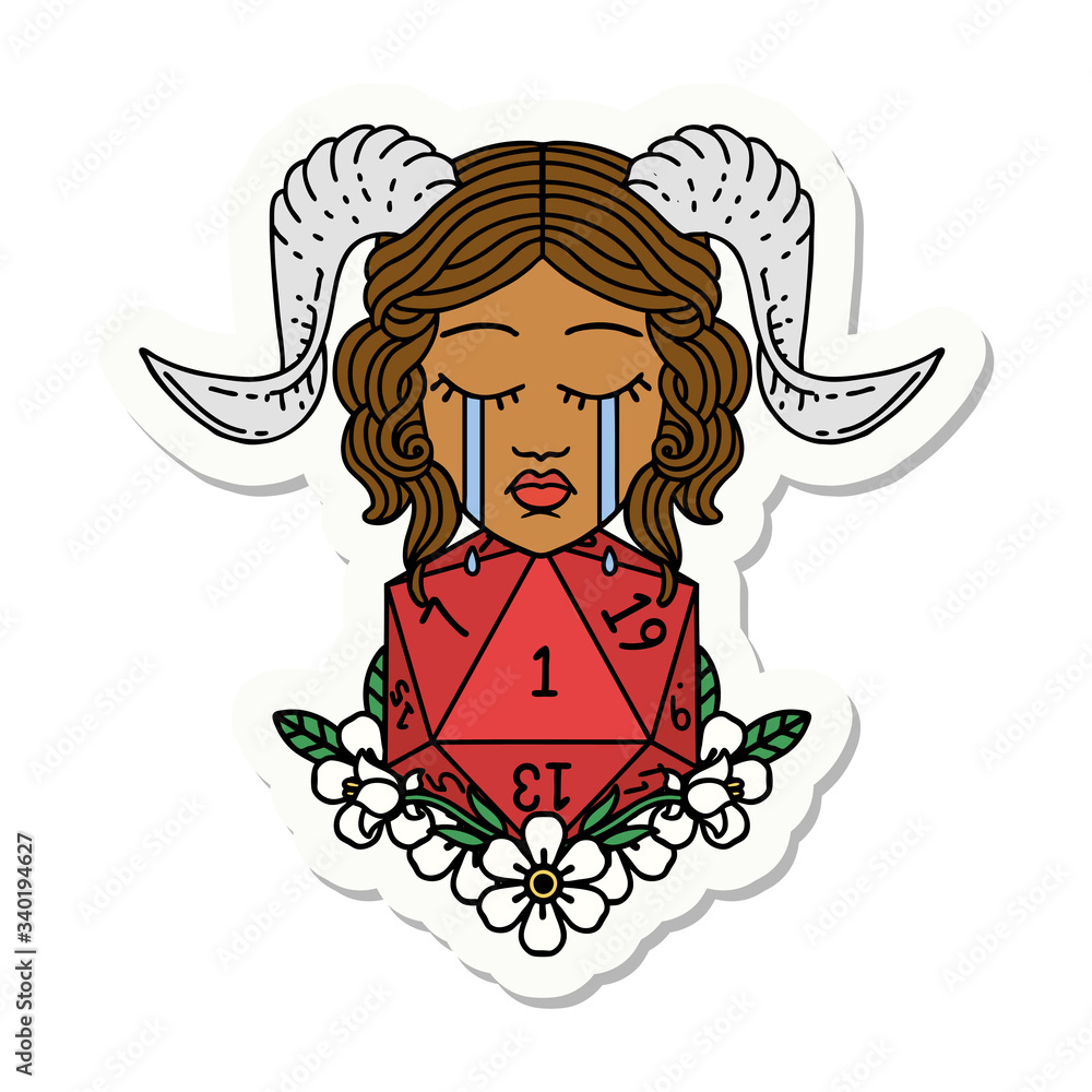 crying tiefling with natural one D20 dice roll sticker crying tiefling with natural one D20 dice roll sticker