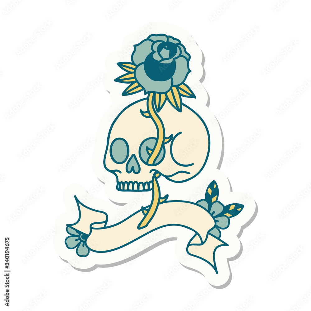 tattoo sticker with banner of a skull and rose tattoo sticker with banner of a skull and rose
