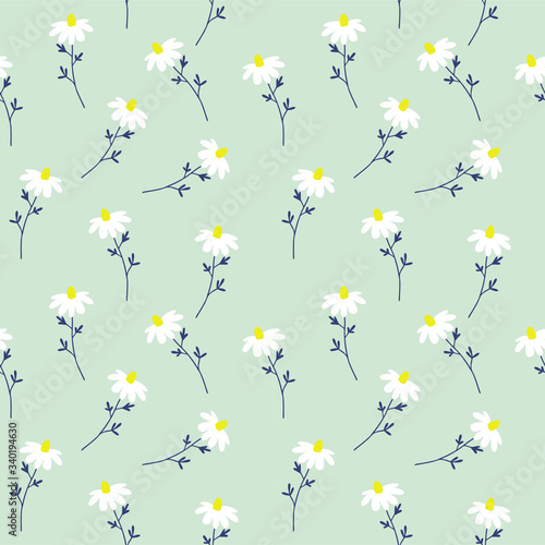 Daisies wildflower geometric seamless pattern on a blue background.