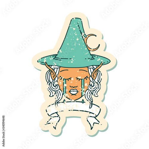 crying elf mage character face wiht banner illustration