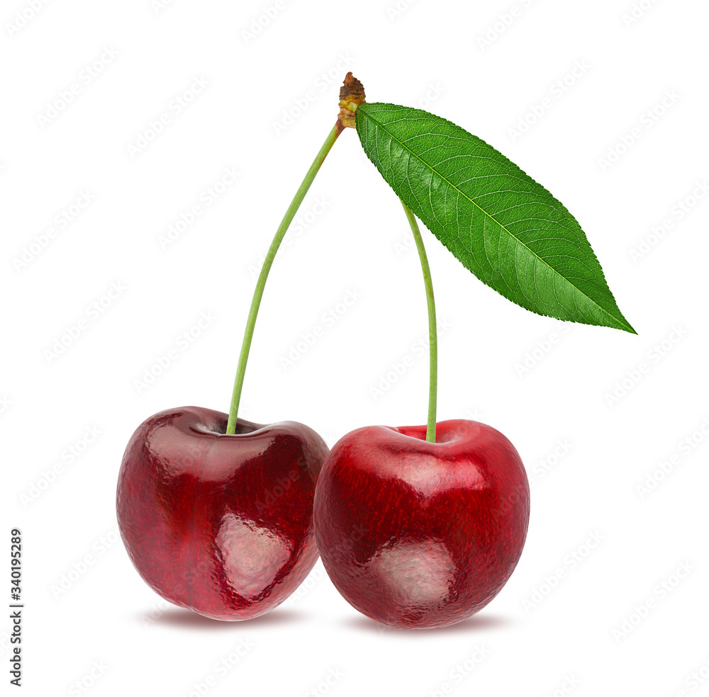 Fresh cherry with leaf isolated on white background with clipping path Fresh cherry with leaf isolated on white background with clipping path