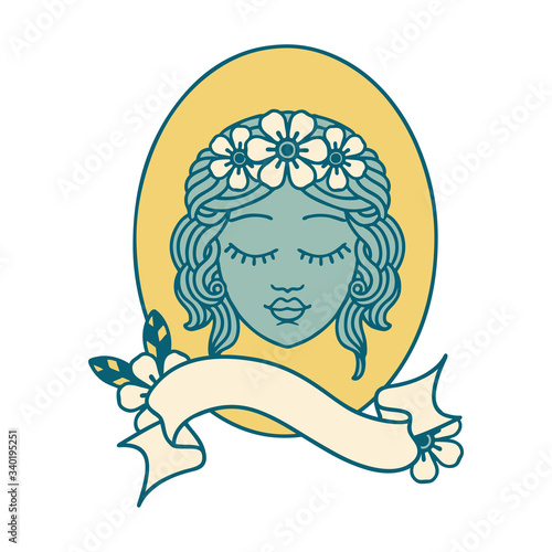 tattoo with banner of a maiden with eyes closed