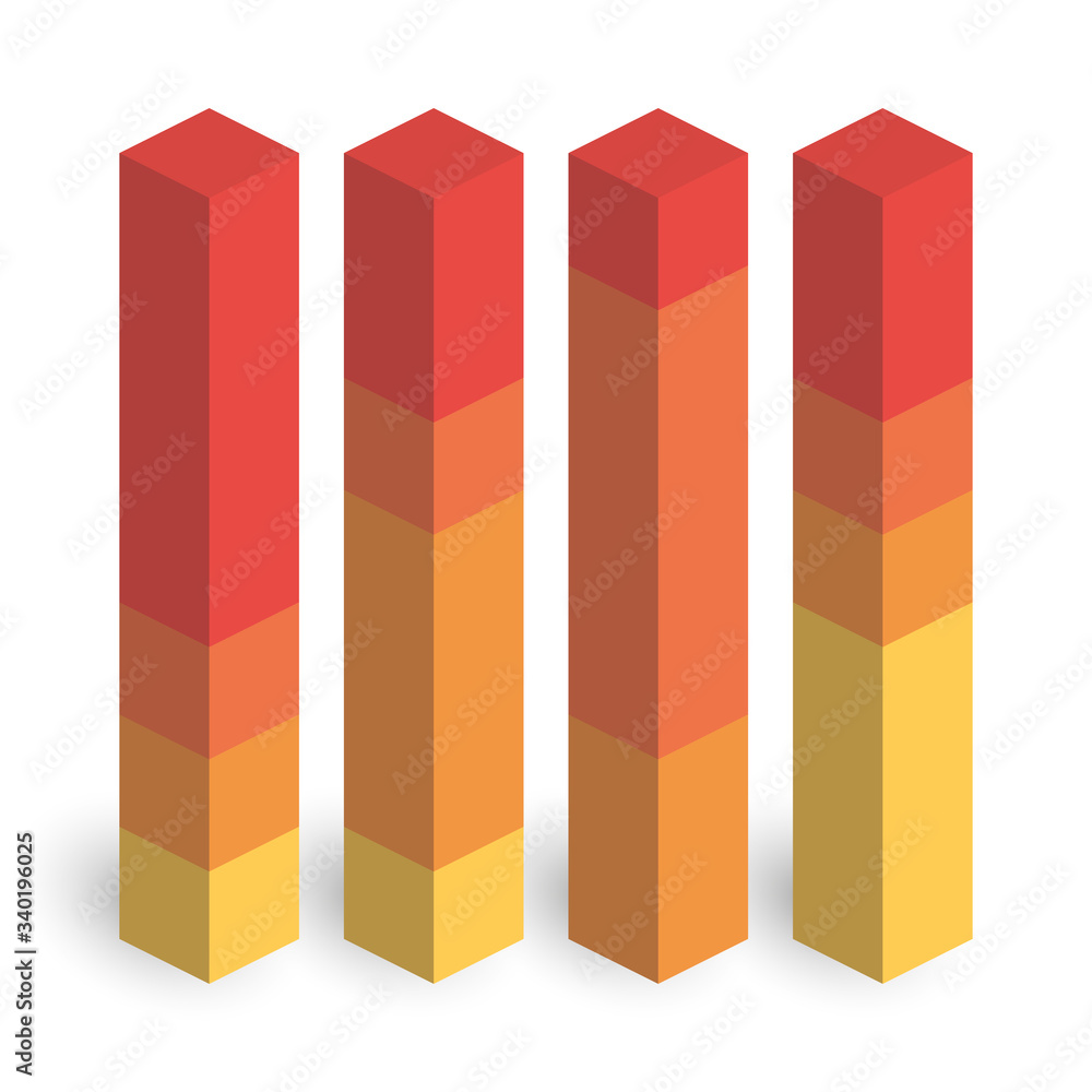 Stacked bar chart of 4 columns. 3D isometric colorful vector graph Stacked bar chart of 4 columns. 3D isometric colorful vector graph