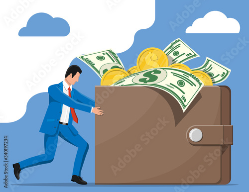 Businessman pushing leather wallet full of gold coins, dollar banknotes. Business man with money purse. Growth, income, savings, investment. Symbol of wealth business success. Flat vector illustration