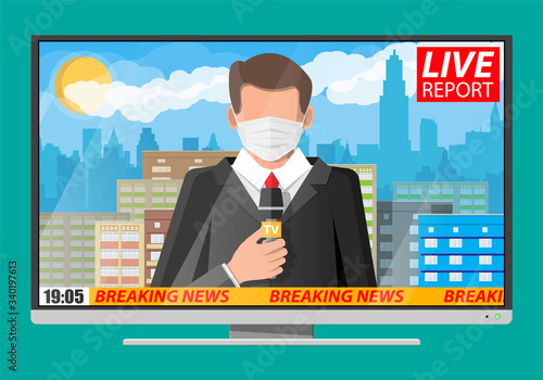 TV news anchorman in mask reads world news about covid-19 coronavirus ncov. Main news reader on television program. Media, journalism and press. Flat vector illustration