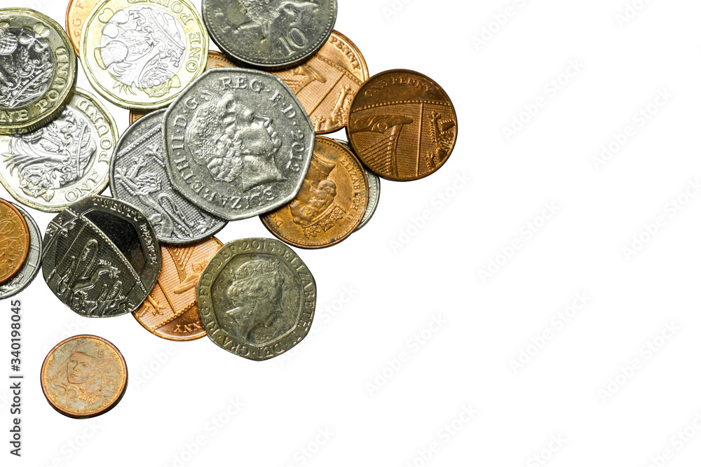 Top view and crop of British currency coins isolate on white background. Top view and crop of British currency coins isolate on white background.