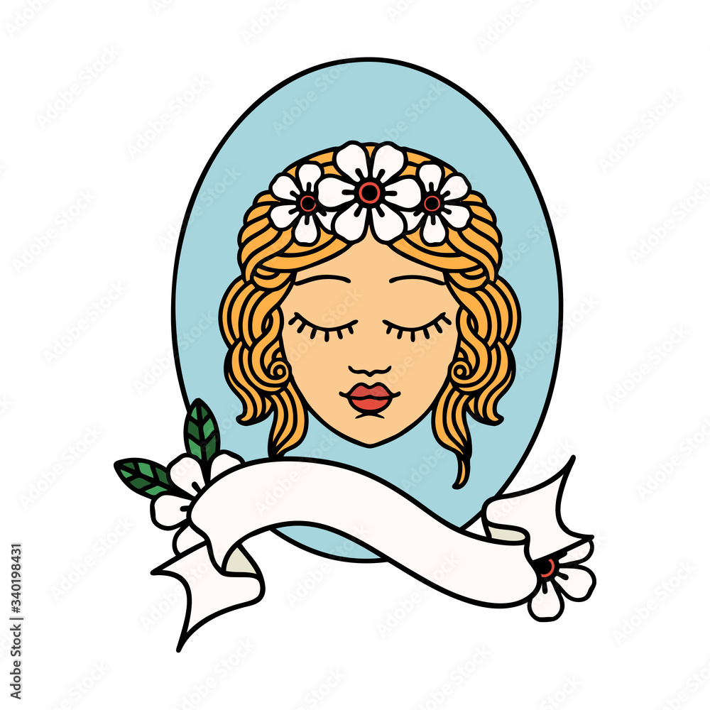 tattoo with banner of a maiden with eyes closed tattoo with banner of a maiden with eyes closed