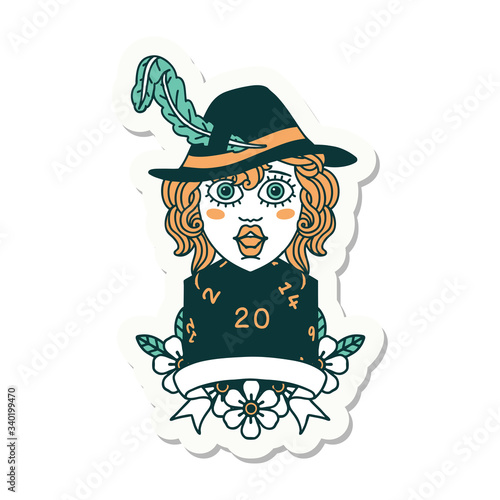 human bard character with natural 20 dice roll sticker