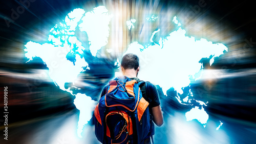 Fototapeta Naklejka Na Ścianę i Meble -  Abstract background of travel technology. Tourism industry digital transformation innovation to virtual augmented reality for futuristic holiday journey on coronavirus quarantine furnished by NASA map