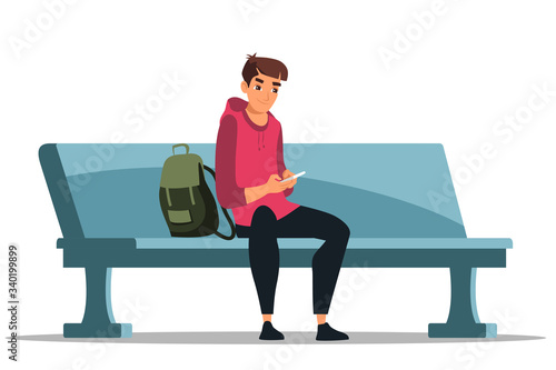 Man with phone sitting on bench isolated on white