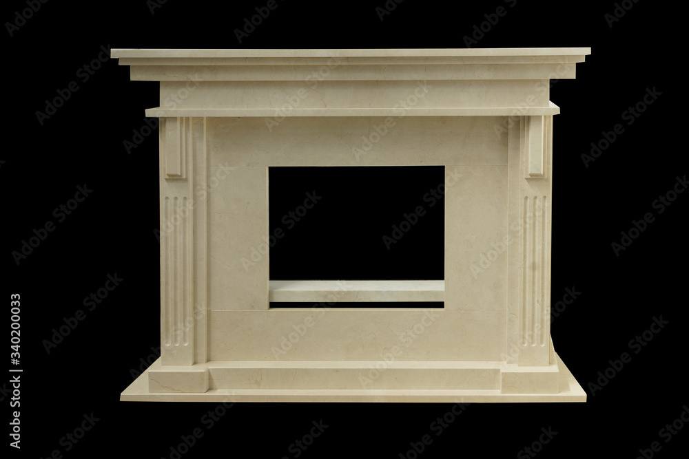 Natural beige marble fireplace on black background