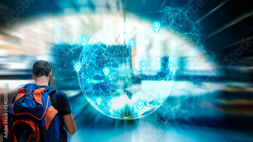Abstract background of travel technology. Tourism industry digital transformation innovation to virtual augmented reality for futuristic holiday journey on coronavirus quarantine furnished by NASA map