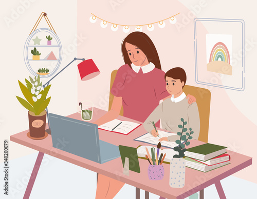 Cute happy mother with computer teaching her son at home.Tutor helping student boy. Online studying concept. Distance education during coronavirus quarantine. Flat cartoon colorful vector illustration
