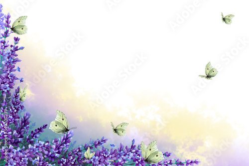 Corner frame of lavender twigs with flowers with multicolor fog and flock butterflies. Hand drawn watercolor. Copy space.