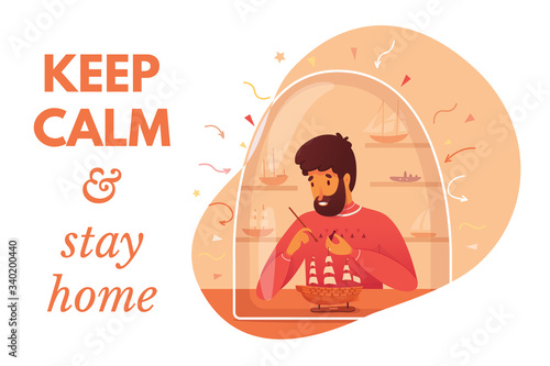 Coronavirus prevention vector concept. Young man gluing ship model under a glass cap. Covid-19 virus is in air. Keep calm and stay home slogan. Protection from viruses.
