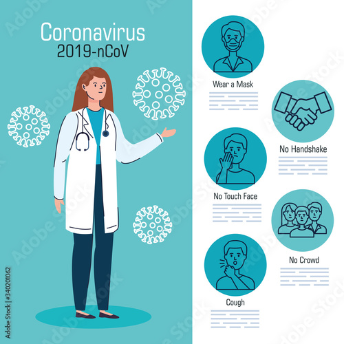 doctor female with recommendations of 2019 ncov vector illustration design
