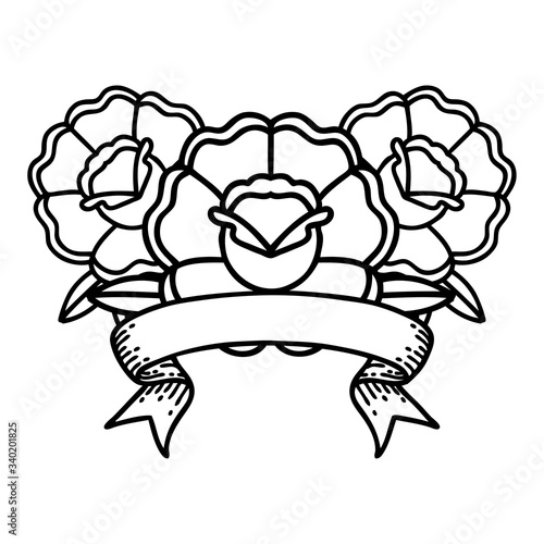 black linework tattoo with banner of a bouquet of flowers