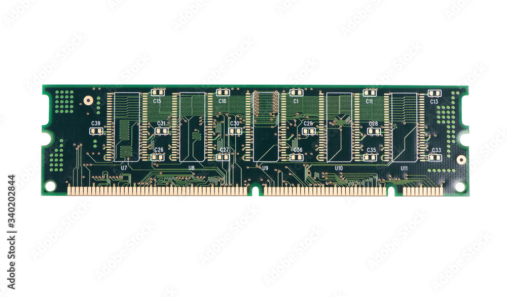 Green stick of RAM memory for computer with electronics components Green stick of RAM memory for computer with electronics components