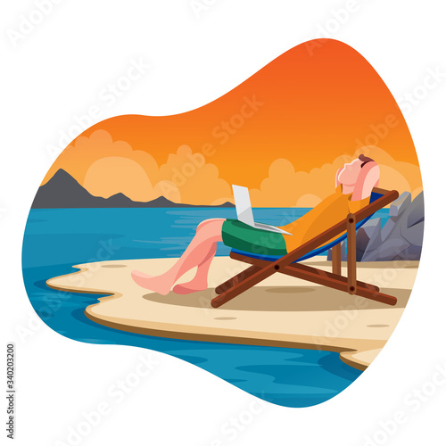 on the beach freelance Work & Rest. Business Man Freelance Remote Working Place Businessman In Suit. beach, holiday, phone, businessman, trip, cartoon,computer,working 