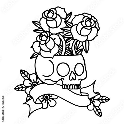 black linework tattoo with banner of a skull and roses