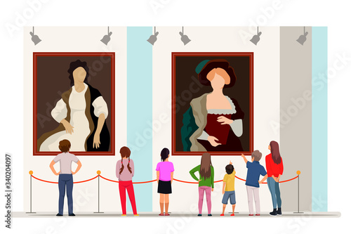 Contemporary art gallery with visitor touristic group. Classical artwork exhibition cultural tour. Adult and young people regarding creative painting and exhibit in museum. Guide excursion.