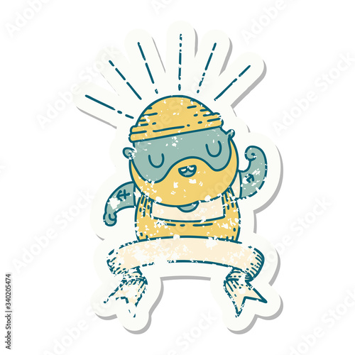grunge sticker of tattoo style bearded man flexing bicep