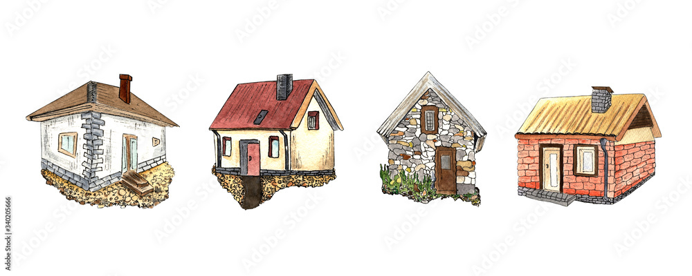 hand drawn watercolor collection of four isolated village stone houses on a white background.