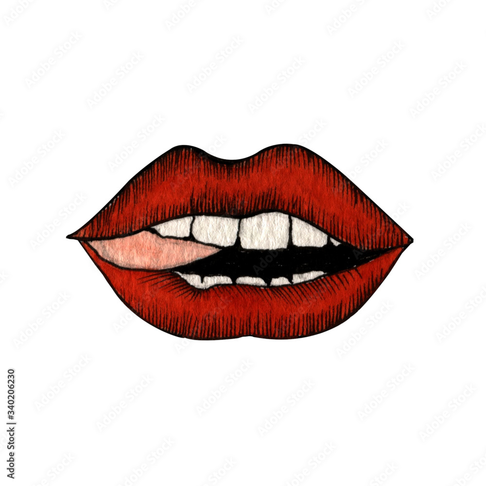 Fototapeta premium hand drawn watercolor isolated red lips with white teeth and tongue on a white background.
