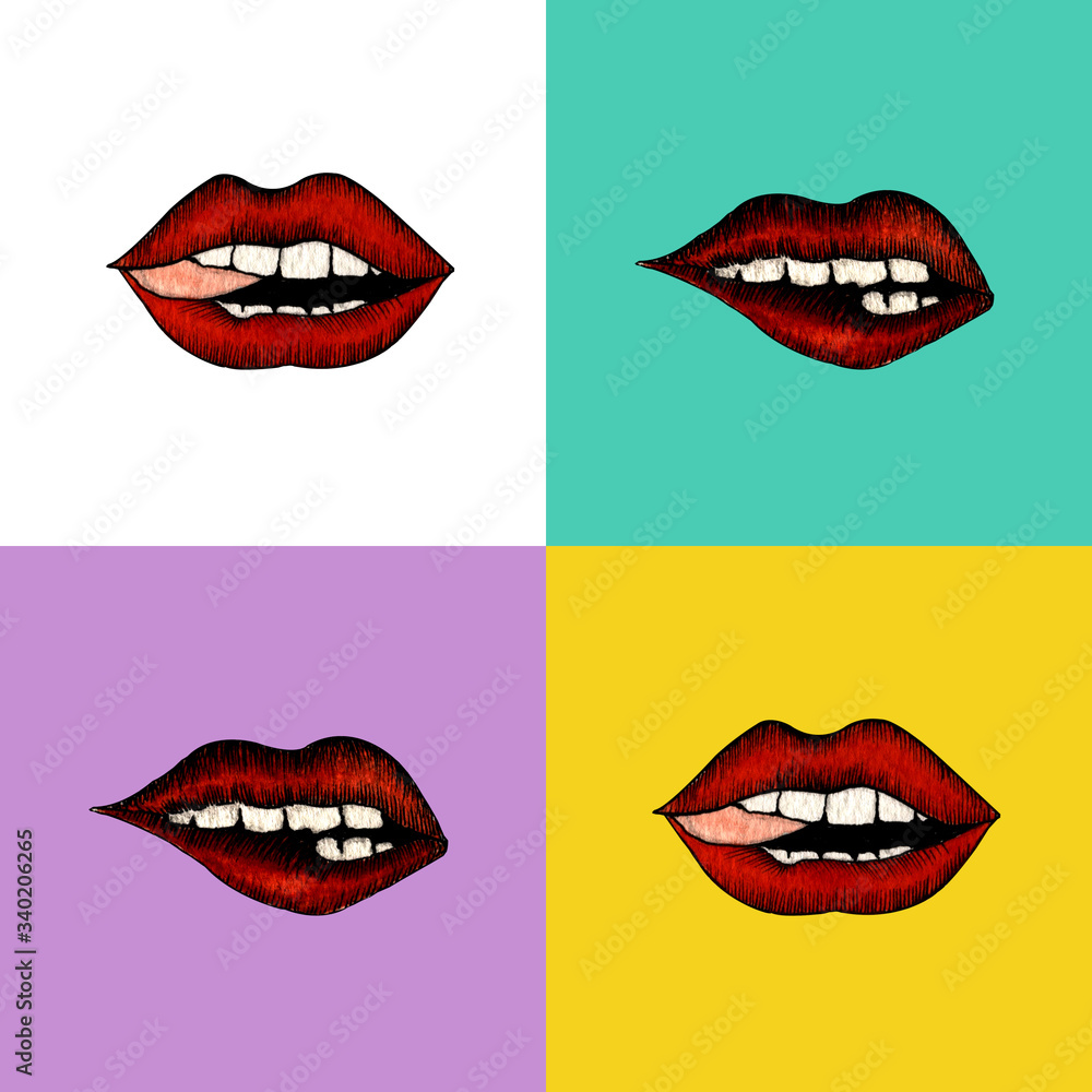 hand drawn watercolor red lips placed on four multi-colored squares.