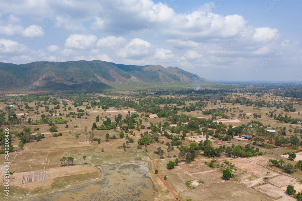 Landscape of the ricefields and rice terrace , egallalang near Kampot in Cambodia in southeastasia . Aerial drone view.