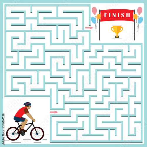 Maze game for children on the theme of sports and competitions where the cyclist must find the way to the finish line and get the Cup, color vector illustration, flat design