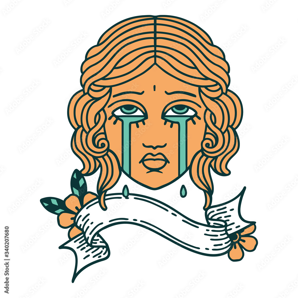 tattoo with banner of female face crying tattoo with banner of female face crying