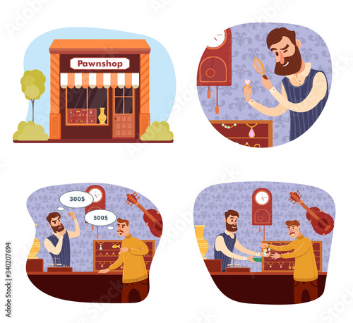 Set of vector flat pawnshop, jeweler and buyer