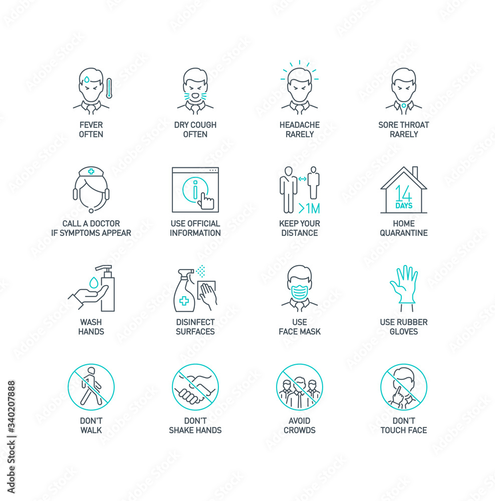 Routes of transmission, Signs and symptoms, Prevention, prohibited actions Coronavirus line icons isolated on white. Perfect outline symbols Covid 19 banner. design elements with editable Stroke line