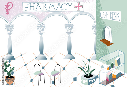 Vector interior design pharmacy or drugstore