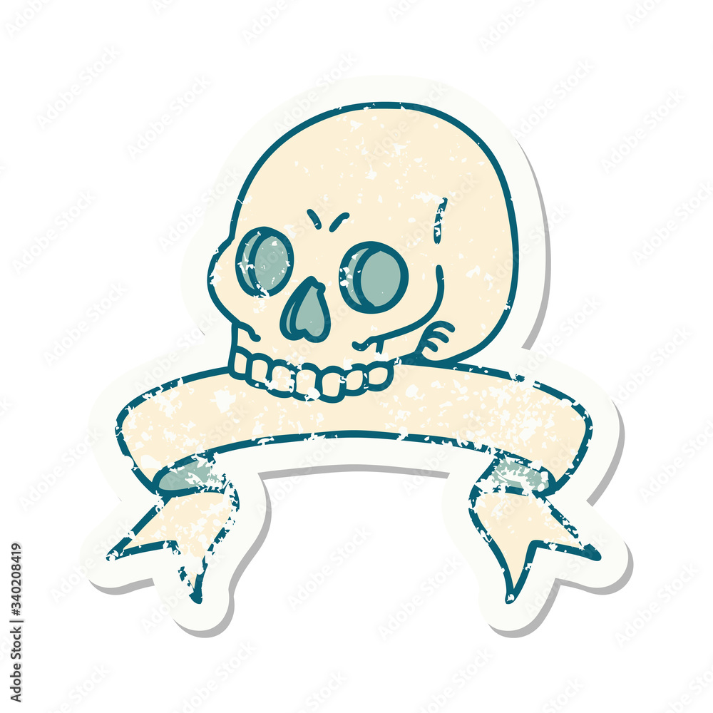 grunge sticker with banner of a skull grunge sticker with banner of a skull