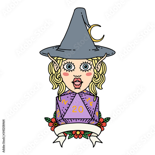 elf mage character with natural twenty dice roll illustration