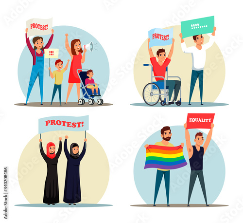 Vector characters set various people group protesting