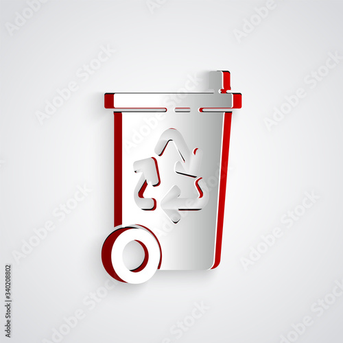 Paper cut Recycle bin with recycle symbol icon isolated on grey background. Trash can icon. Garbage bin sign. Recycle basket sign. Paper art style. Vector Illustration