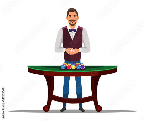 Vector character man casino dealer holds cards