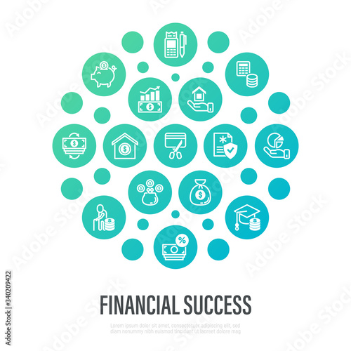 Financial success in circle shape. Track expenses, budget, emergency fund, credit card, home ownership, invest, fund college, retire, financial hygiene, Thin line icons. Vector illustration.